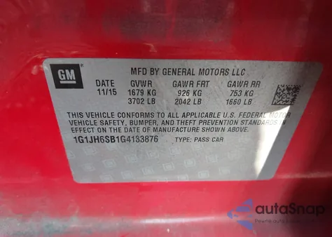 2016 Chevrolet Sonic Rs Manual из США, поврежденный, VIN 1G1JH6SB1G4133876